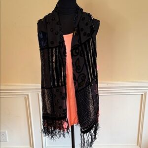 Georgiou Studio Black Velvet Burnout Scarf Fringe VTG‎ 90s 60 x 20 inches